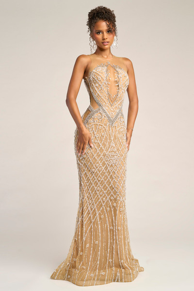 Portia and Scarlett PS26454C Beaded Illusion Neck Long Dress