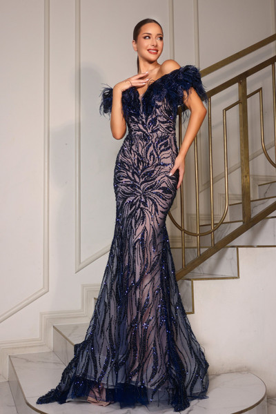 Portia and Scarlett PS25682E Feather Off Shoulder Neck Gown