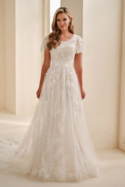 Modest by Mon Cheri MOD342 Lace Sequin Flutter Sleeve Gown