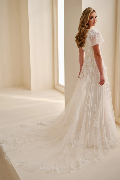 Modest by Mon Cheri MOD342 Lace Sequin Flutter Sleeve Gown