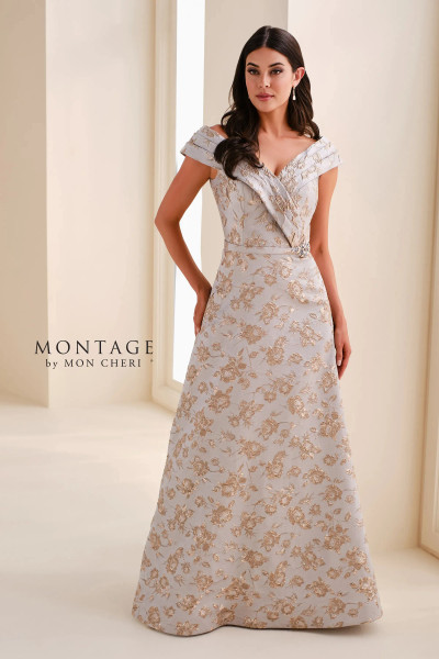 Montage by Mon Cheri M4203 Brocade Tip-off-Shoulder Gown