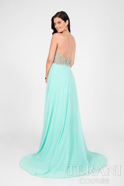 Terani Couture 1712P2512 Chiffon Illusion High Neck Gown