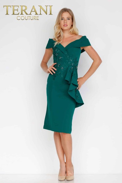 Terani Couture 2021C2625 Stretch Off Shoulder Short Dress