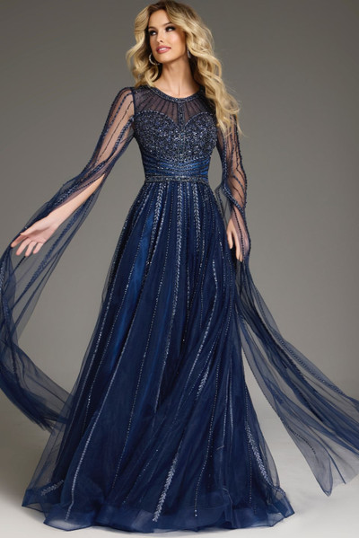 Jovani 40629 Tulle Beaded Sheer Cape Sleeves Flowing Gown