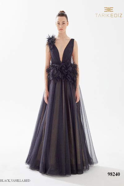 Tarik Ediz 98240 Tulle Plunging Neck Sleeveless Long Dress