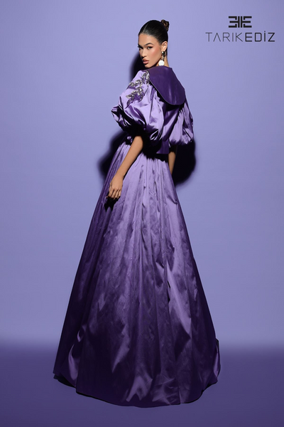 Tarik Ediz 98481 Taffeta V-Neck Puff Sleeve Pleating Dress