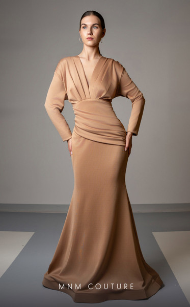 MNM Couture L0002E Draped Bodice V-neck Long Sleeves Gown