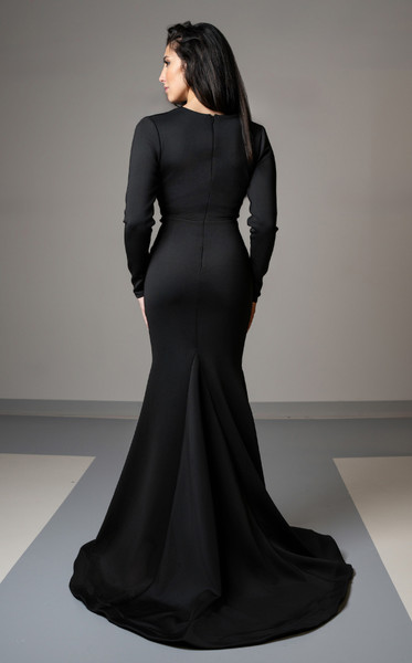 MNM Couture L0002G Draped Bodice V-neck Long Sleeves Gown