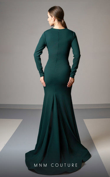 MNM Couture L0002F Draped Bodice V-neck Long Sleeves Gown