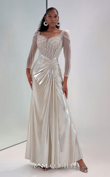 MNM Couture M1312 Lycra Satin Beaded Sheer Sleeve Dress