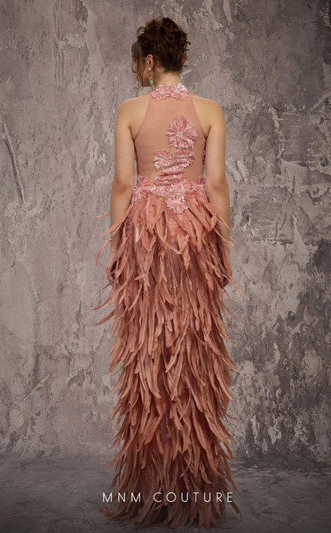 MNM Couture J03381 Embroidered Feathered Skirt Fitted Gown