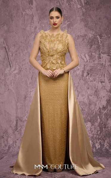 MNM Couture J03186 Beaded Embroidered Column Overskirt Gown