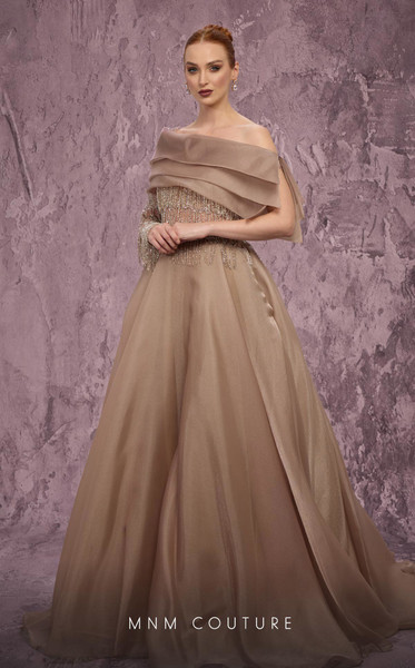 MNM Couture J03308 Embroidered Asymmetrical One-Sleeve Gown