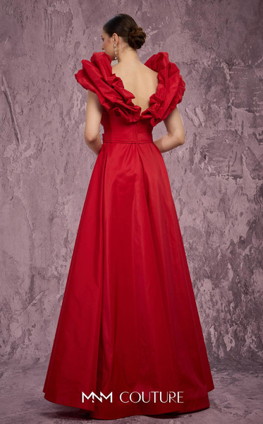 MNM Couture Q4363 Taffeta Peplum Shoulder Deep V-Neck Gown