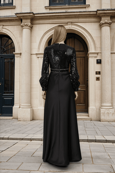 Janique 1028 Satin Liquid Sequin Bishop Sleeve Column Gown