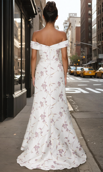 Janique 26207 Floral Brocade Off-Shoulder Sweep Train Gown