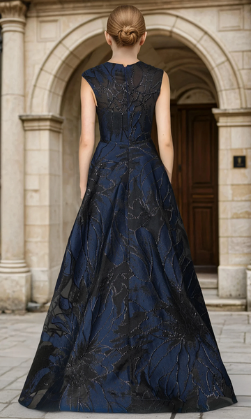 Janique 26209 Jaquard Floral Embroidered Sleeveless Gown