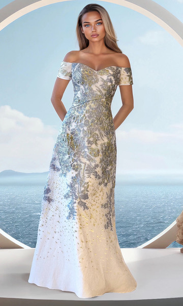 Janique 251024 Organza Jaquard Floral Off-Shoulder Long Gown