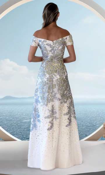 Janique 251024 Organza Jaquard Floral Off-Shoulder Long Gown