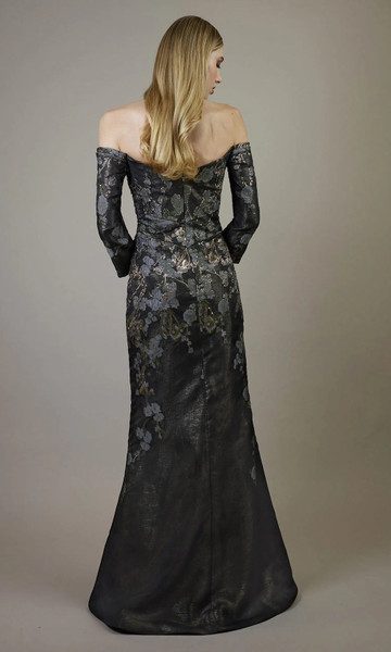 Janique 261021 Organza Jaquard Floral Off-Shoulder Gown