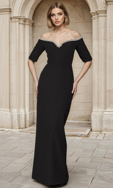 Janique 2604 Stretch Crepe Embellished Off-Shoulder Gown