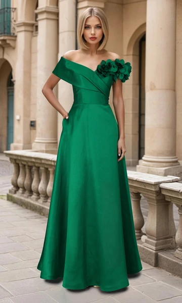 Janique 2606 Pique Mikado 3D Floral Accent Off Shoulder Gown