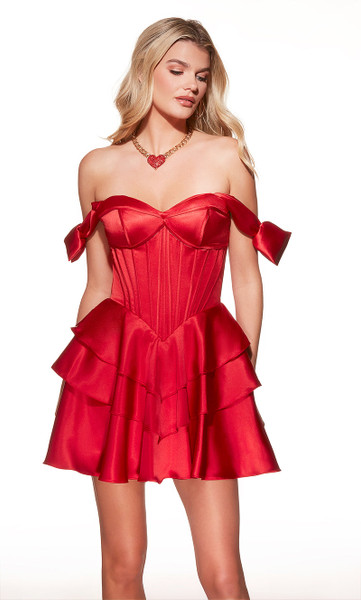 Alyce Paris 30037 Soft Satin Tiered Ruffle Skirt Short Dress