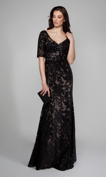 Alyce Paris 27497 Patterned Sequin V-Neck Short Sleeve Gown