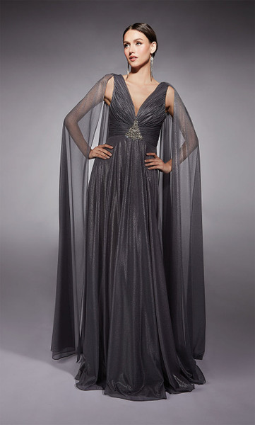 Alyce Paris 27720 Metallic Chiffon Plunging V-Neck Gown