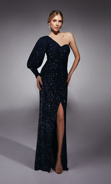 Alyce Paris 27742 Linear Sequins Long Blouson Sleeve Gown