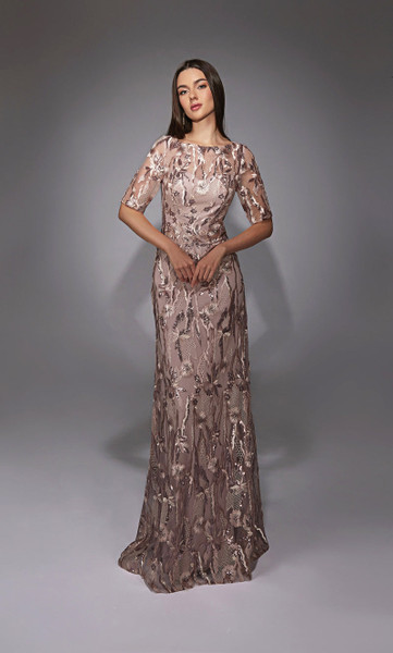 Alyce Paris 27819 Lace Floral Sequin Pattern High Neck Gown