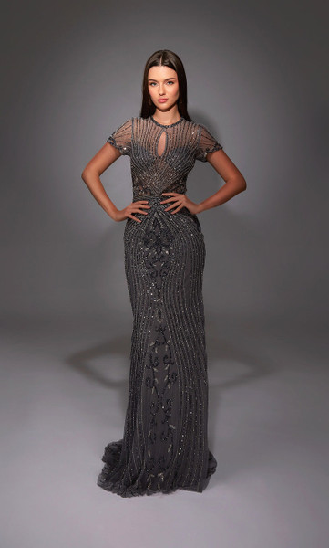 Alyce Paris 27823 Beaded Illusion Neck Short Sleeves Gown