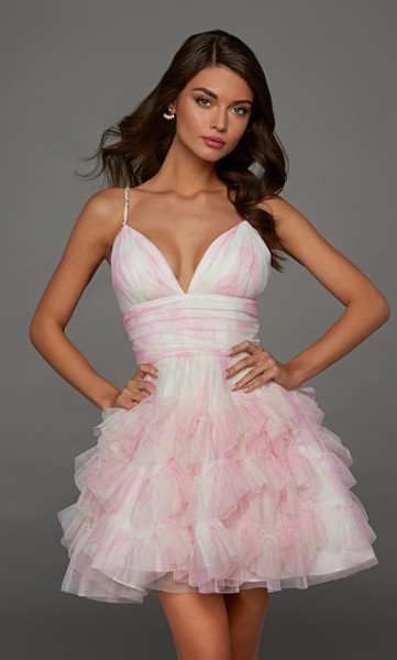 Alyce Paris 30092 Soft Mesh Print Plunging Neck Short Dress