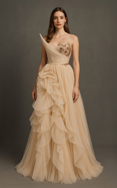 MNM Couture B1168 Pleated Tulle Asymmetric Neckline Gown