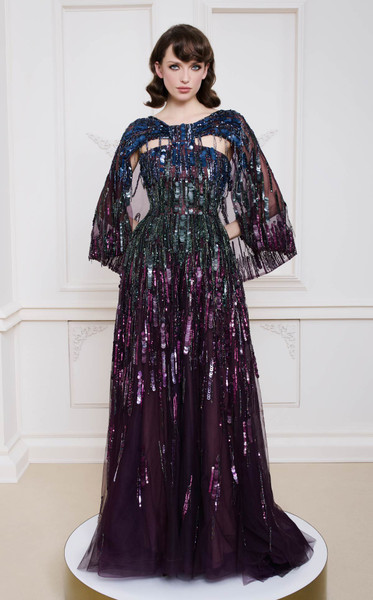 MNM Couture B1146 Embellished Cape Overlay Full-Length Gown
