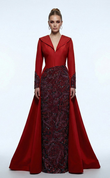 MNM Couture B1177 Flattering V-neckline Long Sleeves Gown
