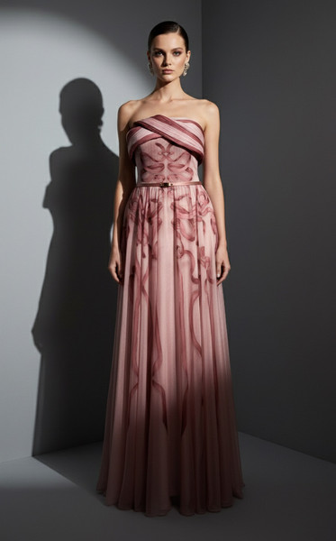 MNM Couture E0129 Chiffon Printed Silk Strapless A-Line Gown