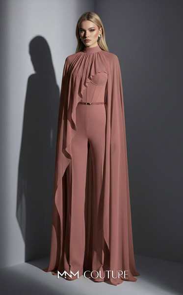 MNM Couture E0143 Chiffon High-neck Cape Sleeves Jumpsuit