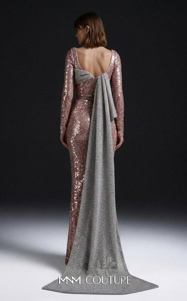 MNM Couture E0157 Sequin Asymmetrical Neck Long-Sleeve Gown