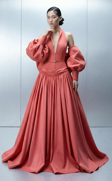 MNM Couture E0163 Crepe Taffeta Halter Deep V-neck Ball Gown