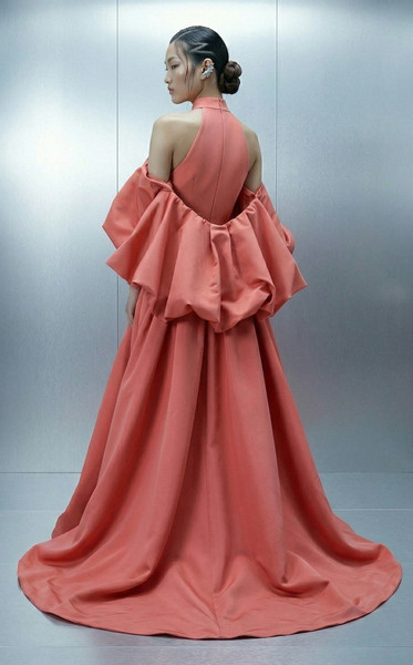 MNM Couture E0163 Crepe Taffeta Halter Deep V-neck Ball Gown