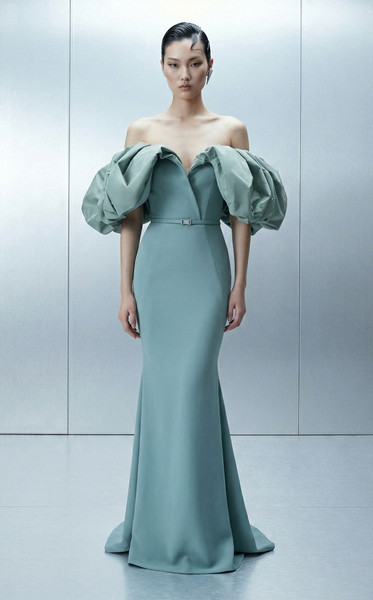 MNM Couture E0165 Bold Crepe Puffy Taffeta Sleeves Gown