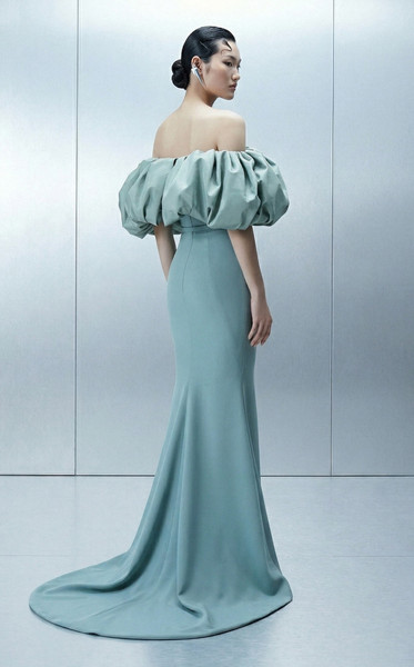 MNM Couture E0165 Bold Crepe Puffy Taffeta Sleeves Gown