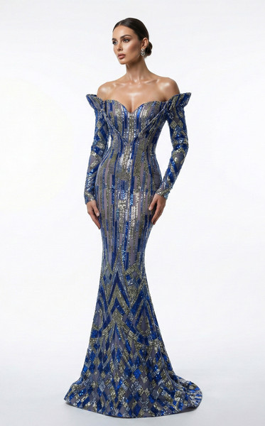 MNM Couture F02900A Sequined Off-shoulder Long-Sleeve Gown