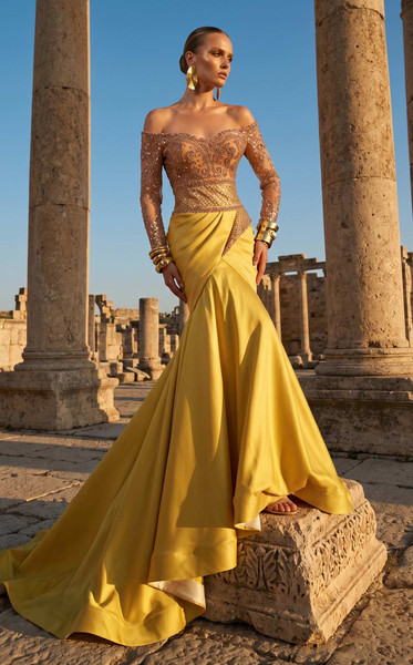 MNM Couture F02957 Beaded Off-shoulder Long-Sleeve Gown