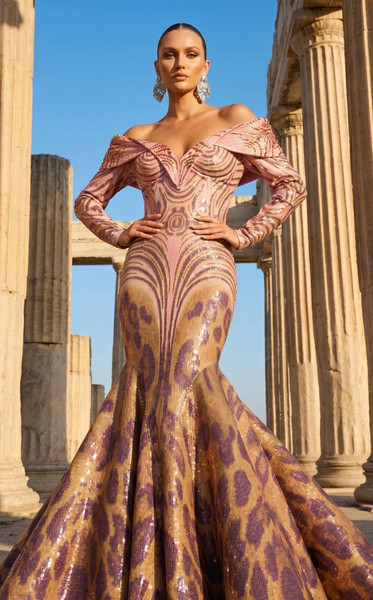 MNM Couture F02973 Jacquard Sequined V-neck Long-Sleeve Gown