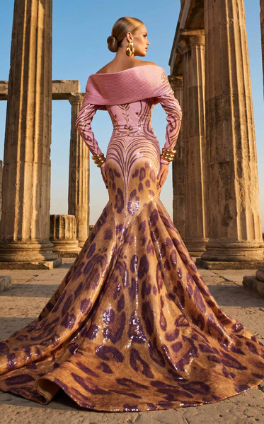 MNM Couture F02973 Jacquard Sequined V-neck Long-Sleeve Gown