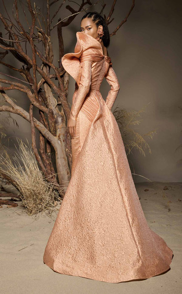 MNM Couture F02982 Textured Jacquard Long-Sleeve Long Gown