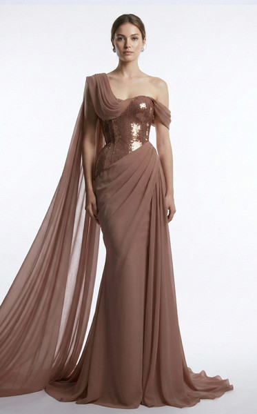 MNM Couture F03017 Sequined Asymmetrical One-shoulder Gown