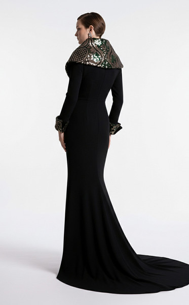 MNM Couture F03019 Crepe Plunging V-neck Long Sleeves Gown
